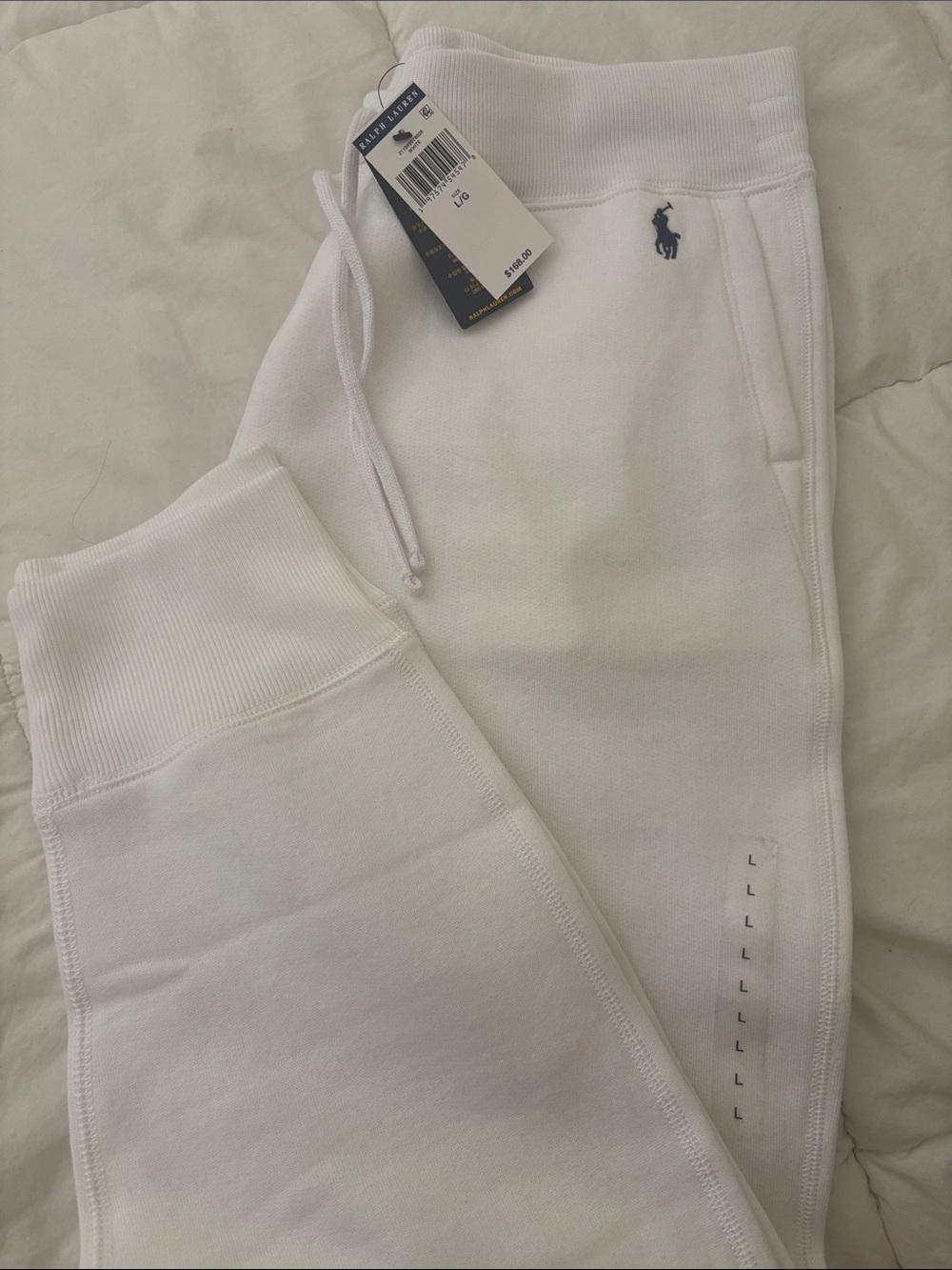 Ralph Lauren White Jogger Sweatpants with Navy Polo Logo